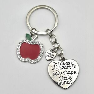 Teacher Appreciation Keychain Rhinestone Silver Tone Red Apple Heart Charm Gift
